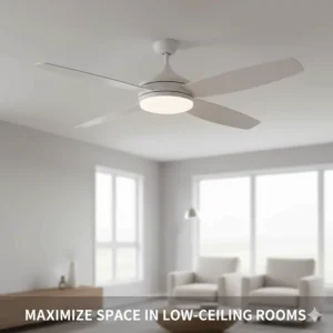 An example of a low-profile, flush mount 60 inch ceiling fan with light, perfect for rooms with lower ceilings.