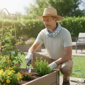 A man wearing a neck cooler while gardening on a hot summer day for effective heat relief.
