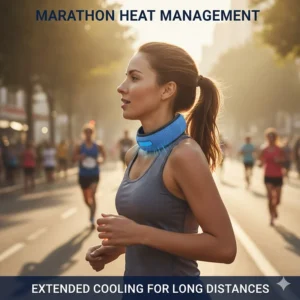 Marathon runner utilizing the cooling neck wrap for heat management during a long-distance race.