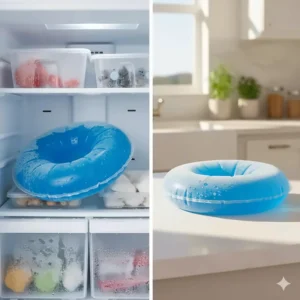 Image showing the gel neck wrap being placed in the freezer and then ready to use for instant cooling relief.