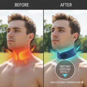 Diagram illustrating the rapid cooling effect of a cooling neck wrap on the wearer's body temperature.