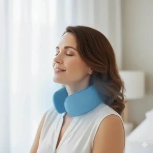 A close-up shot of the cooling neck wrap being worn to alleviate discomfort from menopause symptoms.