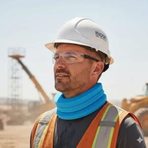 Construction worker wearing the cooling neck wrap comfortably underneath a safety hard hat for maximum heat protection.