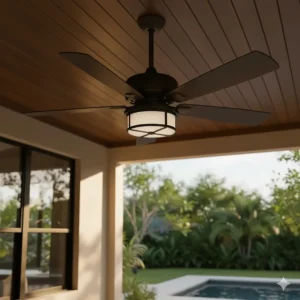 Weatherproof, 42 inch outdoor ceiling fan hanging on a covered porch or patio.