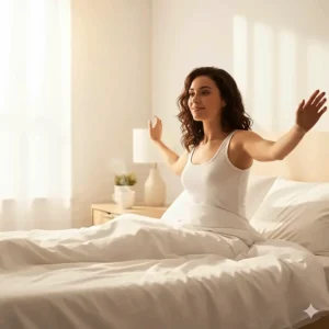 A person waking up in the morning feeling refreshed and energized after using the cooling neck wrap overnight.