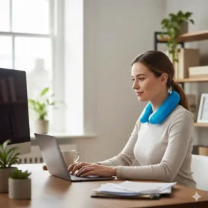 Woman wearing a reusable gel cooling neck wrap comfortably while working at a computer desk.