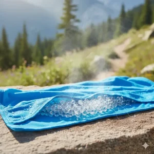 Diagram showing the interior polymer bead technology in a hydration-activated cooling neck wrap.