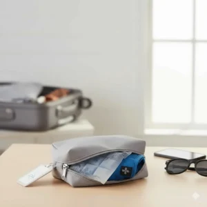 The portable cooling neck wrap conveniently packed in a small travel bag, perfect for on-the-go hot flash relief.