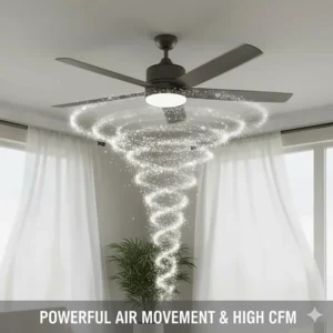 Image demonstrating the powerful air movement and high CFM provided by a high-performance 60 inch ceiling fan.