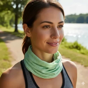 Close-up of an evaporative cooling neck scarf (PVA material) being worn outdoors during hot weather activity.