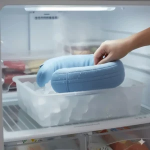 The cooling neck wrap being placed in a freezer or bowl of ice water to quickly recharge the cooling effect.
