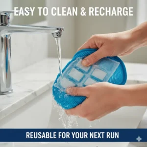 Hand demonstrating how to easily clean and recharge the reusable cooling neck wrap for the next run.