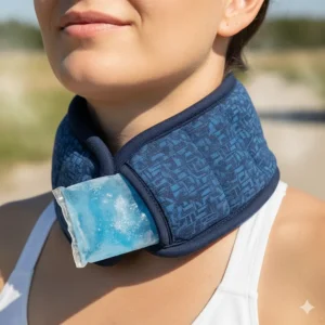 Diagram of a cooling neck wrap with removable, freezable gel packs for maximum relief in hot weather.