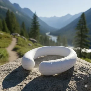 A rigid, reusable phase change material (PCM) cooling neck wrap ring for quick relief.