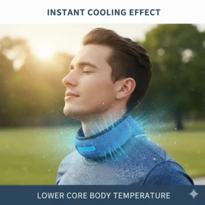 A sweaty runner immediately feeling the cooling effect of the neck wrap to lower core body temperature.