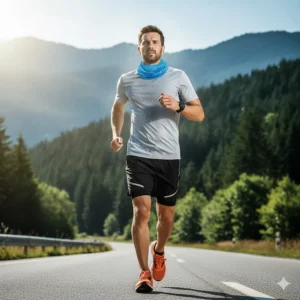 Runner using a cooling neck gaiter during a marathon for hydration and heat management.
