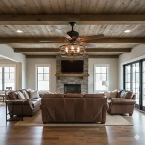 A rustic, farmhouse-style 60 inch ceiling fan with light and wooden blades, ideal for a large family room.