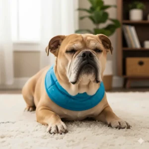 An elderly bulldog, a brachycephalic breed, relaxing with its efficient cool neck wrap for dogs to help regulate body temperature.