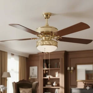 Classic and traditional 42 inch ceiling fan with brass finish and decorative pull chains.