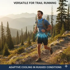 A person trail running while wearing the cooling scarf, highlighting its use in rugged outdoor conditions.