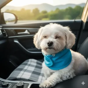 A small dog comfortably wearing a cool neck wrap in the car during a long summer road trip.