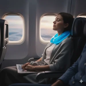 Traveler wearing the gel cooling neck wrap to stay cool and relaxed during a long flight or travel journey.