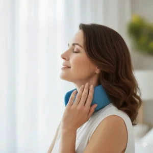 A side view of the hands-free, wearable cooling collar design, providing targeted relief from hot flashes.