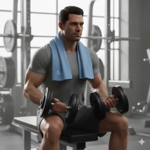 Weightlifter resting with a cooling towel wrapped around their neck to quickly lower body temperature.