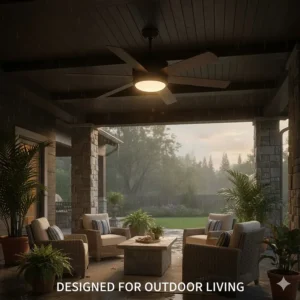 A wet-rated 60 inch ceiling fan with light installed on an outdoor covered patio, designed to withstand the elements.