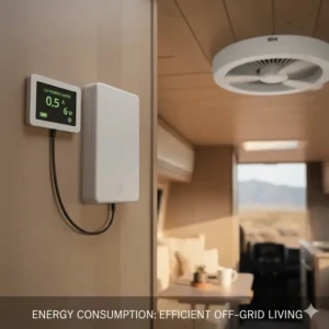 A digital display showing the low amp draw of a 12-volt camper ceiling fan for off-grid living.