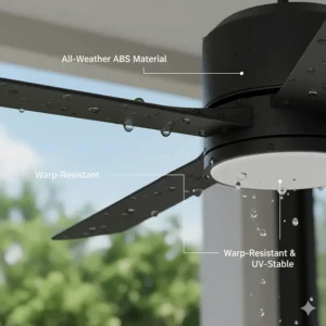 Illustration of durable ABS plastic blades designed for wet rated outdoor ceiling fans to prevent warping.