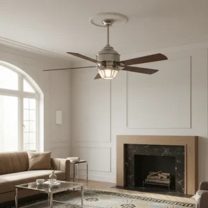 Sleek 1920s Art Deco ceiling fan featuring brushed nickel finish and tiered motor casing.