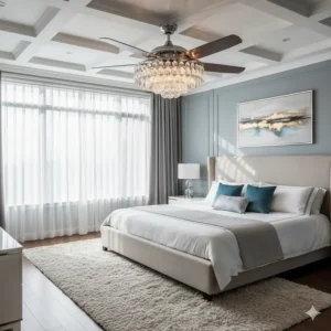 Large, decorative crystal ceiling fan adding a touch of glamour to a luxurious master bedroom interior design.