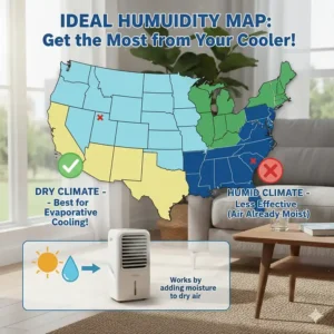 Infographic showing that a portable air conditioner without hose works best in dry, low-humidity environments.