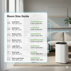 A chart comparing BTU ratings of portable air conditioners to the square footage of different room sizes.