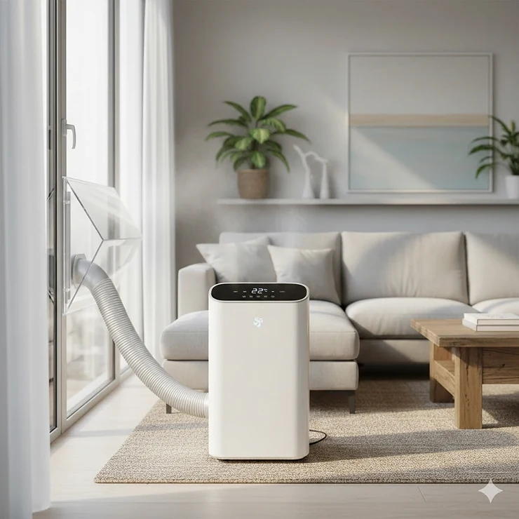 A sleek, white portable air conditioner cooling a modern living room with a window vent kit installed. best portable air conditioner