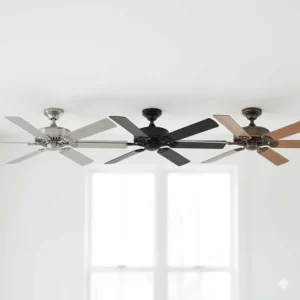 Collection of different finish options, including a matte black windmill ceiling fan and a sleek silver model.