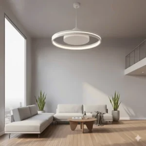 A striking designer unique ceiling fan with sleek, aerodynamic blades and integrated LED lighting, perfect for a modern living room or loft space.