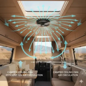 Diagram showing how a 12V camper ceiling fan circulates cool air throughout a small living space.