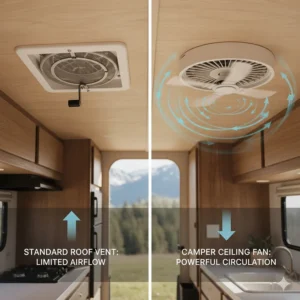 Comparison between a standard RV roof vent and a dedicated camper ceiling fan for interior cooling.