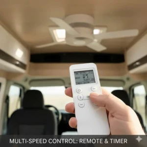 Hand holding a remote control for a variable speed camper ceiling fan with a timer function.