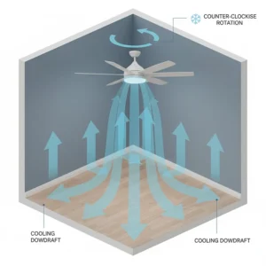 Diagram showing counter-clockwise ceiling fan rotation for cooling a small room in summer.