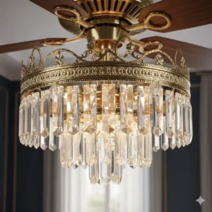 Close-up shot of the intricate glass prisms and light fixtures on a premium ceiling fan chandelier.