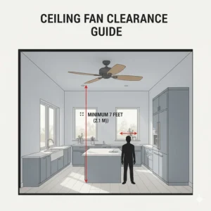 A diagram showing the 7-foot minimum clearance between kitchen floor and ceiling fan blades.