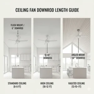 A guide for choosing the right downrod length based on vaulted or high kitchen ceilings.