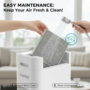 Step-by-step illustration of removing and cleaning the honeycomb cooling pad of a hoseless air conditioner.