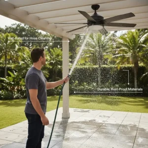 Graphic showing a homeowner using a hose to clean dust off a wet rated outdoor ceiling fan.