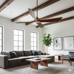 A striking designer unique ceiling fan with sleek, aerodynamic blades and integrated LED lighting, perfect for a modern living room or loft space.