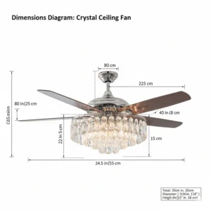 Technical diagram detailing the precise dimensions and size specifications of the crystal ceiling fan fixture.