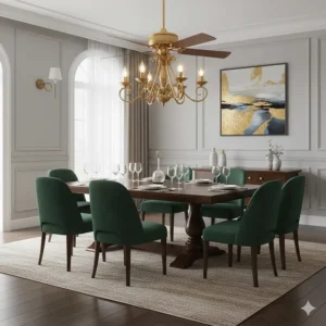Sophisticated gold-finished ceiling fan chandelier hanging over a formal wooden dining table.